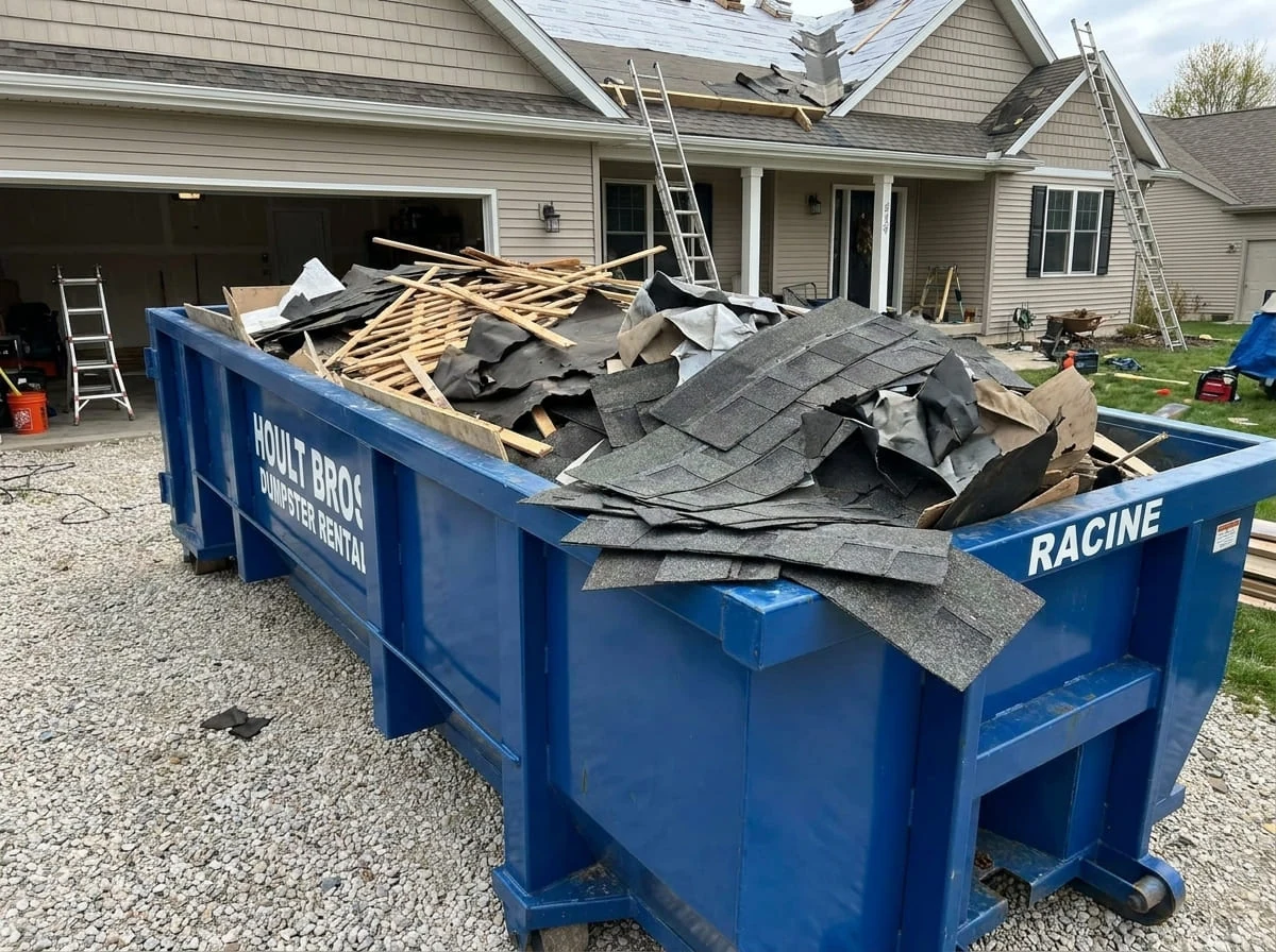 20 yard roll-off dumpster loaded with roofing tear-off debris on a Racine, WI job site