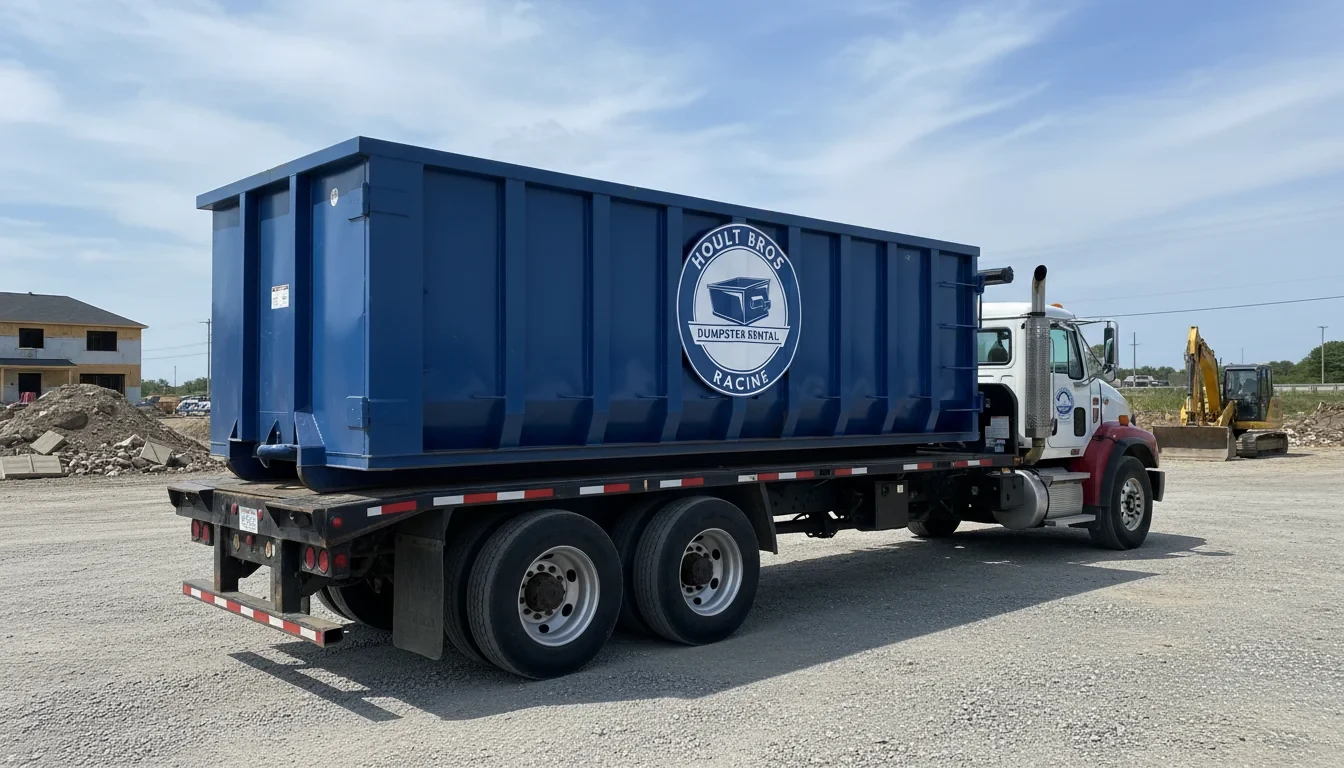 Roll-off dumpster loaded on a truck near Racine, WI