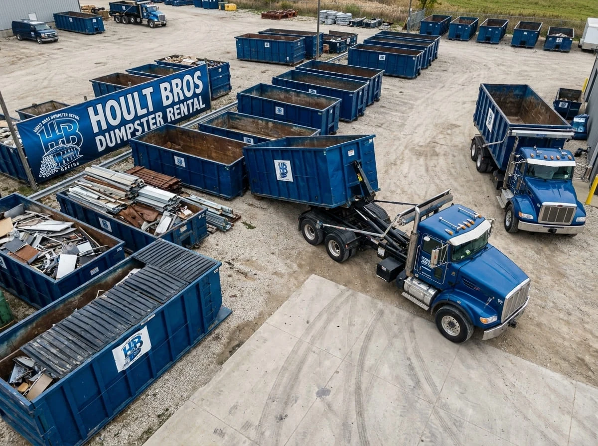 Our yard, our trucks Trucks staged at the Hoult Bros Dumpster Rental Racine yard on 6143 Regency W Dr in Racine, WI